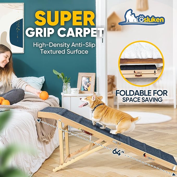𝟐𝟎𝟐𝟔 𝐔𝐩𝐠𝐫𝐚𝐝𝐞𝐝 Dog Ramp for Bed, 64" Long Foldable Pet Ramp for Small Large Dogs, Dog Ramps for High Beds Car, High Traction with Platform 6 Adjustable Heights 24" to 30" Up to 220LBS, Wood
