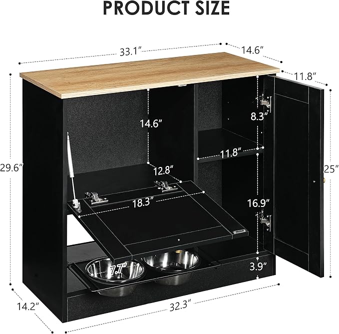 Feeding Station with 2 lockers, pet Feeding Station with 2 Elevated Dog Bowls, Side Hooks, Anti-Tipping kit, Hidden pet Feeding Station for Feeding and Watering, Rattan Door, Black - Image 2
