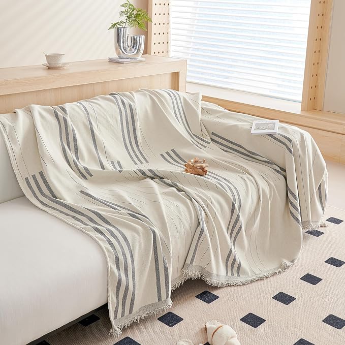 DREAMINGO Couch Cover Reversible Chenille 3 Seat Sofa Covers for Dogs Pets Beige Grey Couch Protector for 3 Cushion Couch Sofa Vertical Stripe Jacquard Sofa Slipcover Sectional, 71"x134" - Image 2