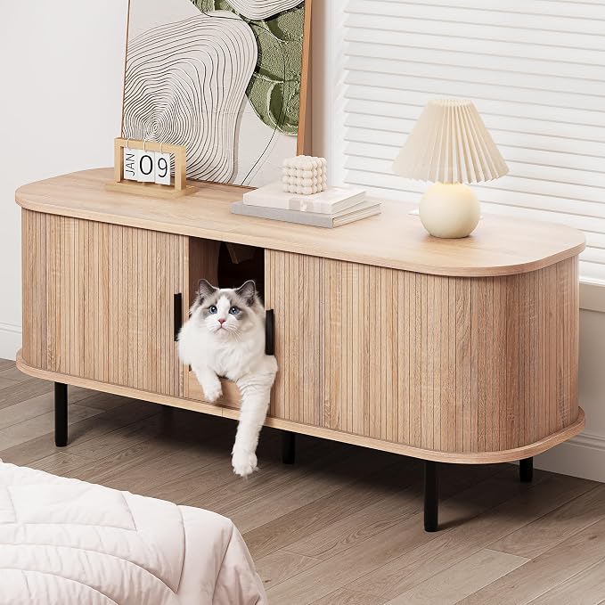 DWVO 55.1in Double Cat Litter Box Enclosure with Power Outlet | Wooden Kitty Litter Box TV Stand Furniture, Litter Box Furniture Hidden for 2 Cats, Light Oak - Image 2