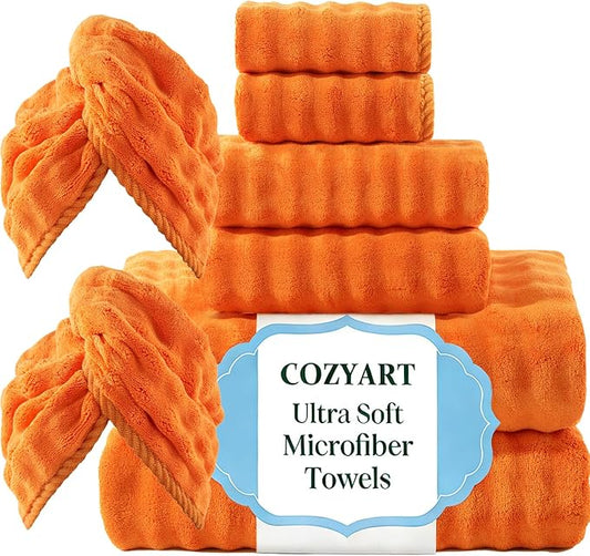 COZYART Lint Free 8 Pcs Bathroom Towels Set Ultra Soft Microfiber Orange | Ultra Fluffy, Thick, Highly Absorbent, Fast Dry, No Shedding, No Pilling, Fade Resistant, Durable, Long-lasting by COZYART