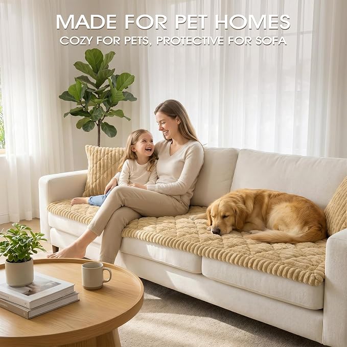 Non-Slip Washable Couch Cover for Dogs, Thick Plush Grid Flannel | 27.6"x70.9", Taupe, 0.8" Thick, Rubber Dot Backing, Pet-Friendly Protector for Sofa, Floor, Window Bench, Car Seat or Camping - Image 2
