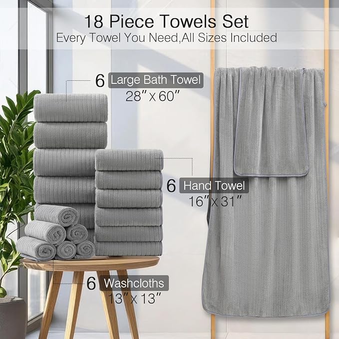 Hailea 18 Piece Family Bath Towel Set Include 6 Bath Towels,6 Hand Towels and 6 Washcloths Soft Bathroom Towel with Hanging Loops,Highly Absorbent Quick Dry Towels Set for Bathroom,Hotel and Spa-Grey - Image 3
