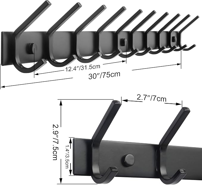 WEBI Coat Rack Wall Mounted,10 Hooks for Hanging Coats,30 Inch Hook Rack Hook Rail Coat Hanger Wall Mount for Backpack,Clothes,Jacket,Black,2 Packs - Image 2