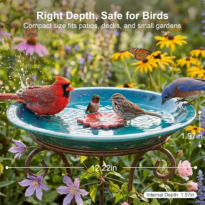 Topadorn 12.2'' Ceramic Birdbath & Birdfeeder for Small Birds Outdoors | 2" Depth Bird Bath Bowl For Vintage Garden Patio Yard Lawn Decor, Blue with Red Flower - Image 2