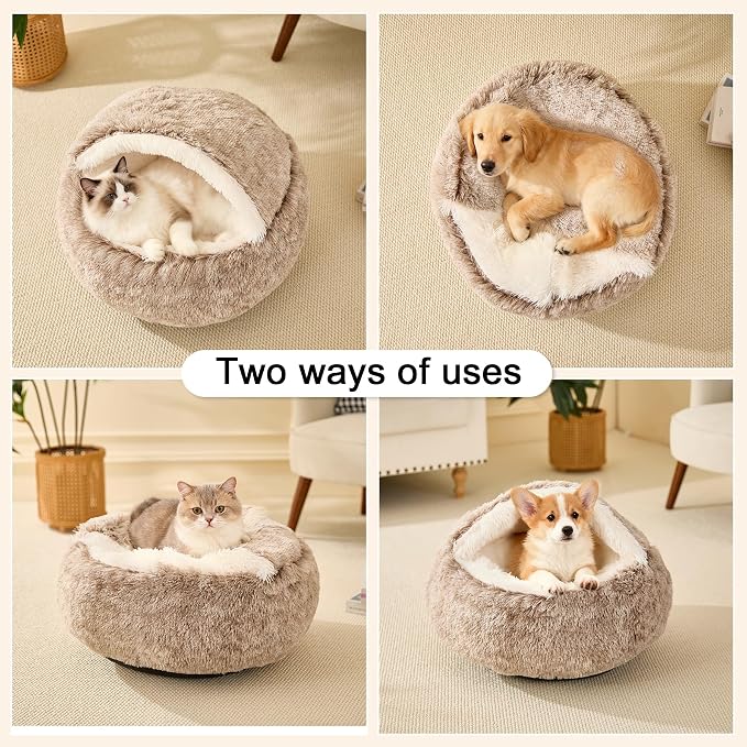 Calming Dog Beds & Cat Cave Bed with Hooded Cover,Removable Washable Round Beds for Small Medium Pets,Anti-Slip Faux Fur Fluffy Coved Bed for Improved Sleep,Fits up to 15/25 lbs(Medium,24"x24") - Image 4