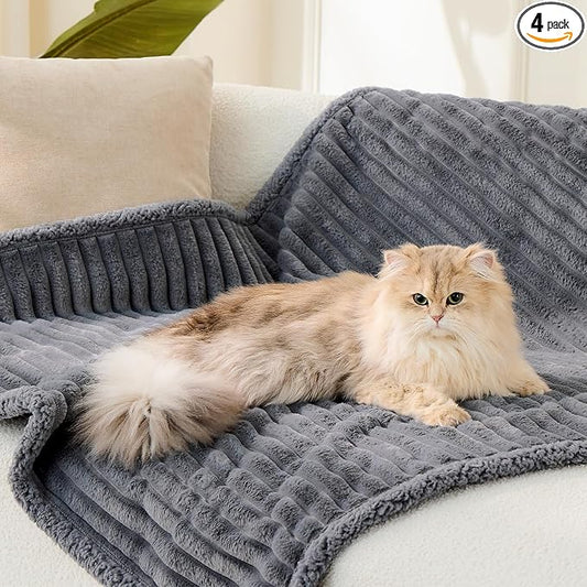 Qeils Waterproof Calming Cat Blanket for Indoor Cats, Noiseless Soft Plush Dog Blanket for Pets, 500GSM Thick Faux Fur Pet Throw, Couch Furniture Protector for Puppy, Charcoal Grey, 25x30(Pack of 4) by Qeils