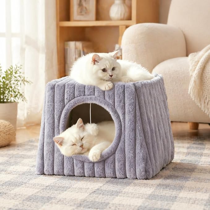 Indoor Cat House - Large Cat Cave Bed with Fluffy Balls, Foldable Cat Bed Cave and Apartment with Pads, Suitable for Multiple Small and Large Cats, 15.74x15.74x13.38 inches(Grey, Large) by Unknown