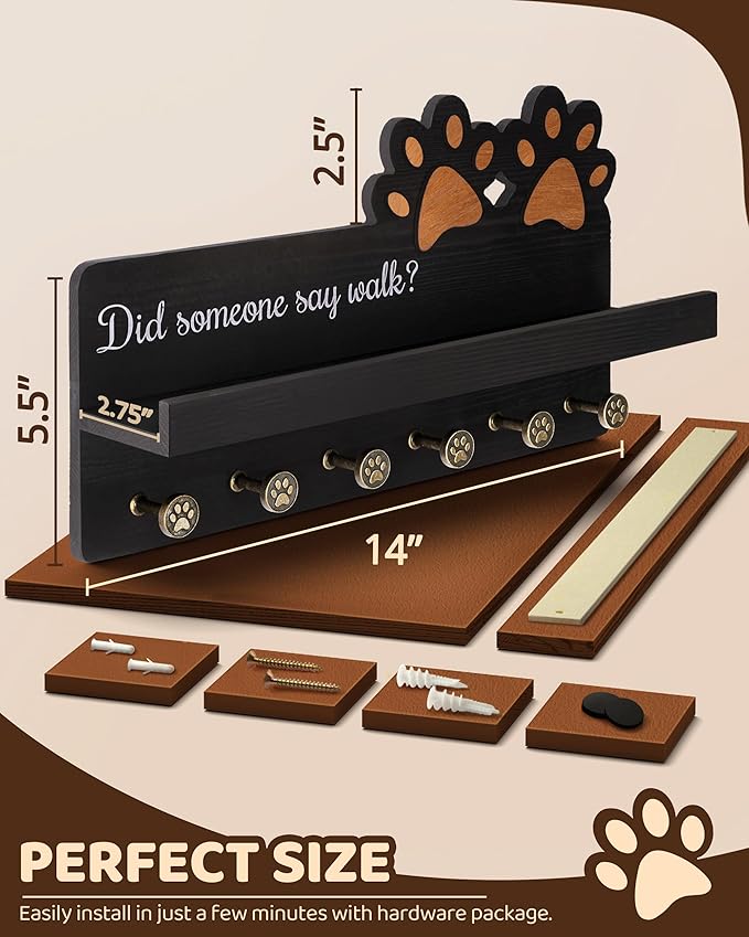 MTERSN Decorative Dog Leash Holder for Wall - Dog Accessories Organizer with Floating Shelf & 6 Hooks for Home Decor - The Cute Key Holder Wall Mount for Dogs Lover Gifts (Black) - Image 6