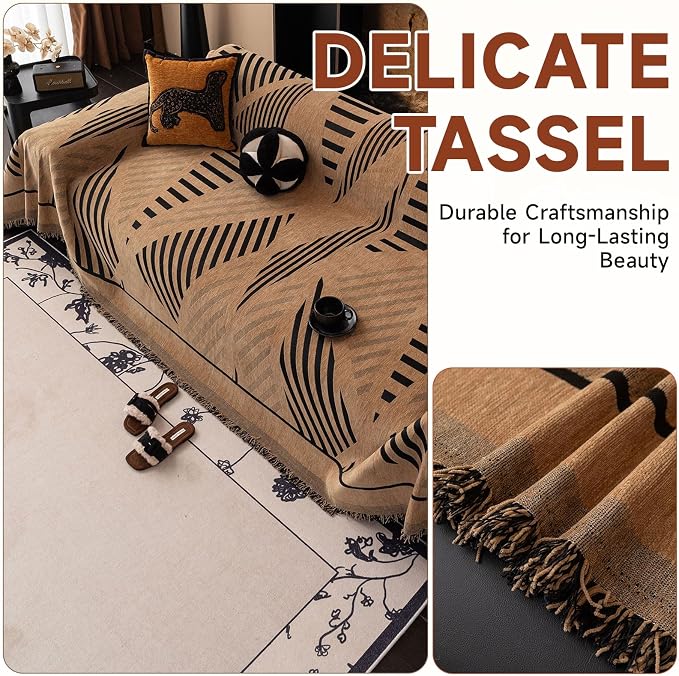 VClife Couch Cover Boho Style Sofa Cover for Dog, Modern Chenille Couch Cover for 3 Cushion Couch Sofa, Non Slip Brown Geometry Couch Protector with Tassel Sofa Slipcover Throw, 71"X134" - Image 2