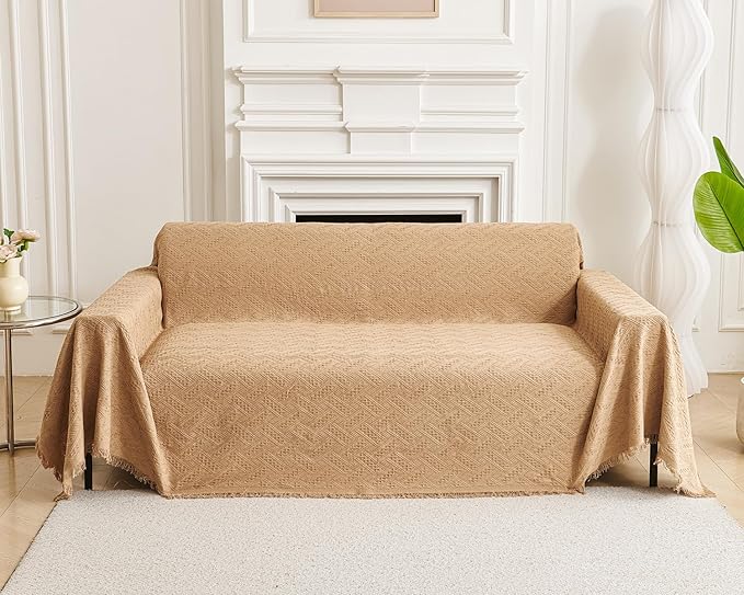 AIVIA Couch Cover Sheet Blanket, Slipcover for 3-4 Cushion High Backed Backrest Sofa, Extra Large Furniture Decor L Shape U-Shaped Sectional Protector for Cats Dogs Pets (Khaki, 91” x 134”) by AIVIAChairCouchSofaCoverThrowBlanket