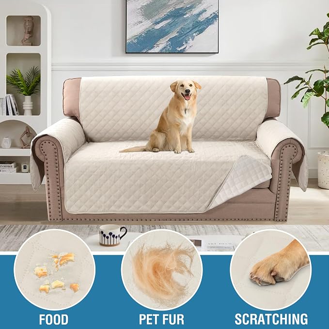 H.VERSAILTEX Couch Slip Cover, Loveseat Covers for 2 Cushion Couch, Dog Sofa Protector, Furniture Covers for Pets, 100% Waterproof Cover with Non-Skid Backing & Elastic Straps(Loveseat, Coconut Milk) - Image 3