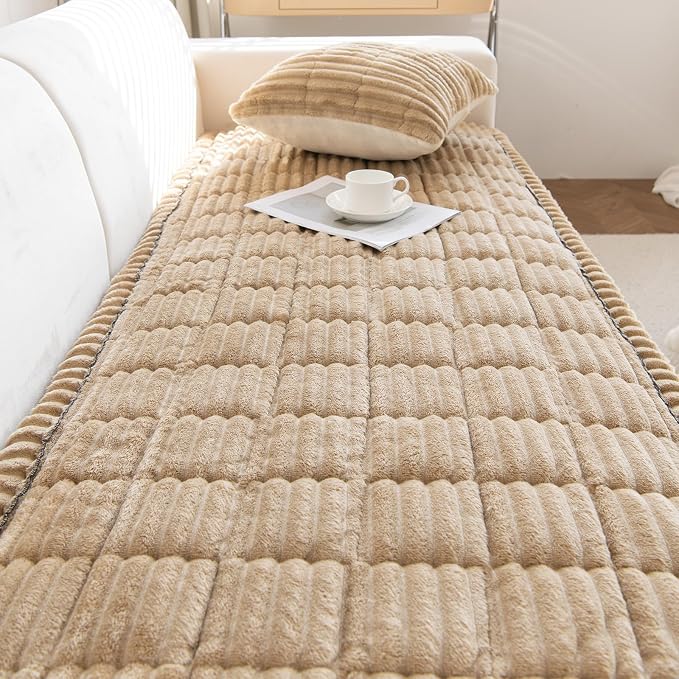 vctops Striped Couch Cover Super Soft Corduroy Sectional Sofa Cover Washable Non Slip Sofa Slipcover Furniture Protector for Kid Dog Pet,1 Piece (Coffee,35"x70") - Image 4