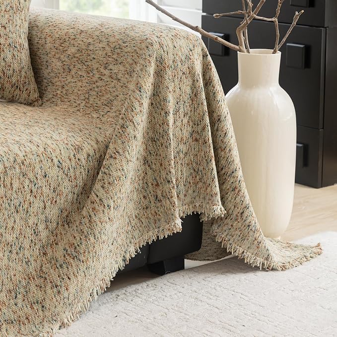 ROOMLIFE Boho Beige Couch Cover for Dogs, Washable Non Slip Furniture Protector Couch Sofa Covers for 3 Cushion Couch, Soft Chenille Couch Cover Throw Blanket with Tassels 71''X150'' - Image 2