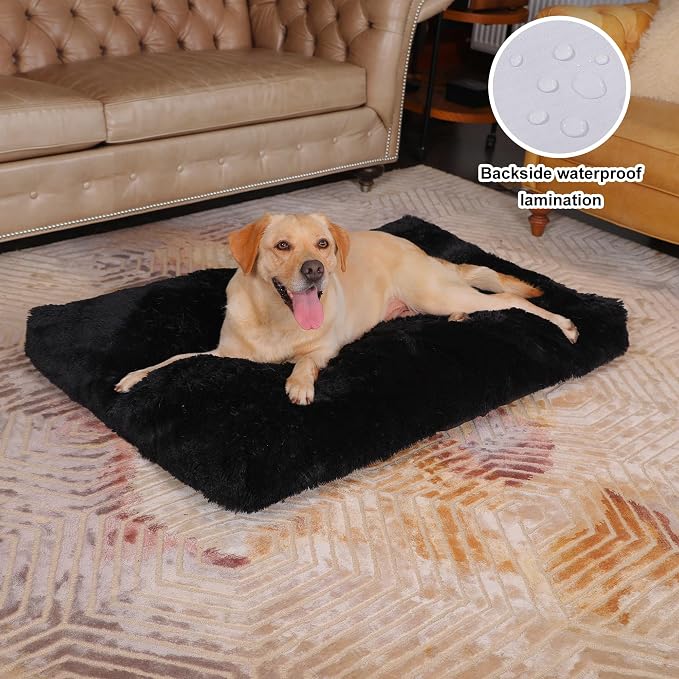 Bedfolks Waterproof Crate Bed, Plush Dog Crate Pad with Removable Cover, Faux Fur Dog Kennel Bed, 41"x27", Black - Image 2