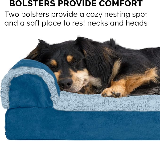 Furhaven Orthopedic Dog Bed for Large/Medium Dogs w/ Removable Bolsters & Washable Cover, For Dogs Up to 55 lbs - Two-Tone Plush Faux Fur & Suede L Shaped Chaise - Marine Blue, Large - Image 11