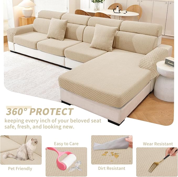 YEMYHOM Couch Cushion Covers for Sofa, Stretch Sectional Back Cushion Covers Washable Thick Furniture Protector Sofa Slipcovers for Pets (1PC Back Couch Cover, Beige) - Image 6