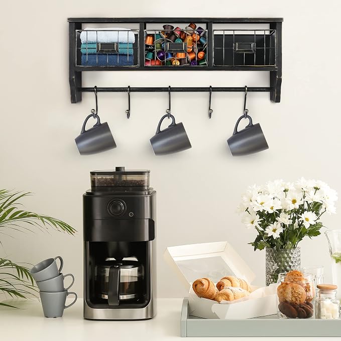HBCY Creations Wall Mounted Shelf with Coat Hooks and Baskets, Solid Wood Entryway Organizer Wall Shelf with Hooks - Hang Coats, Keys or Coffee Mugs, Rustic Blackwash 24" Wide - Image 6