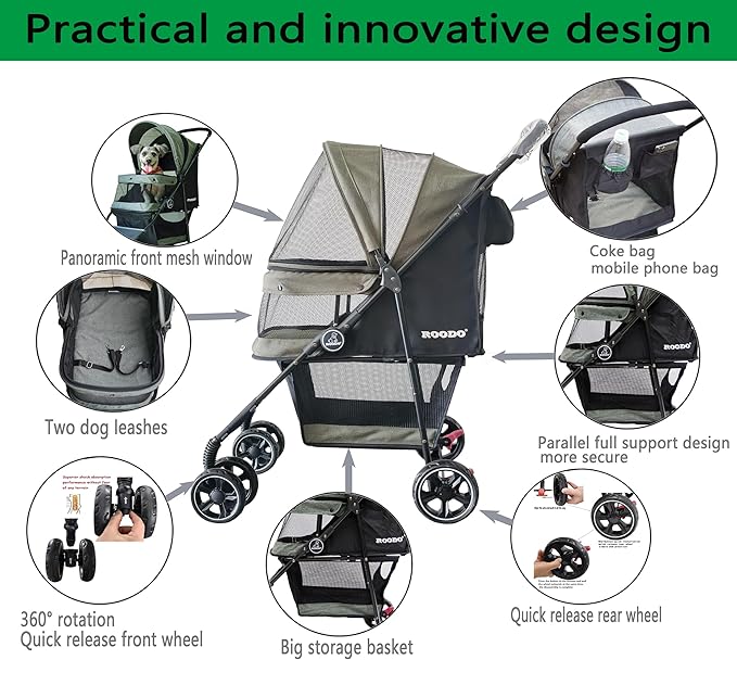 ROODO 4 Wheel Dog Cat Pet Stroller Best Lightweight Foldable Compact Portable Jogger All Terrain Travel Pet Gear Puppy Doggie Bunny Kitty Stroller for up to 30lbs Medium Small Dogs Cats(sage Green)