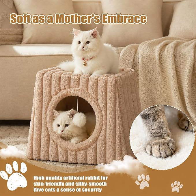 Dogpals Indoor Cat House - Large Cat Cave Bed with Fluffy Balls, Foldable Cat Bed Cave and Apartment with Pads, Suitable for Multiple Small and Large Cats, 18.5x15.4x15.4inches (Khaki, XL) - Image 5