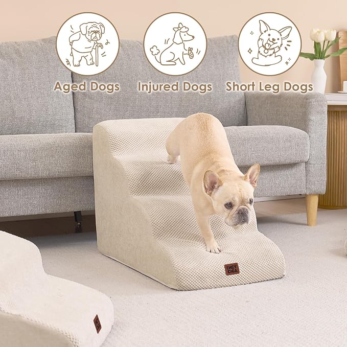 EHEYCIGA Curved Dog Stairs Ramp for High Beds 19.7" H, 4-Step Dog Steps for Small Dogs and Cats, Pet Stairs for High Bed Climbing, Non-Slip Balanced Pet Step Indoor, Beige - Image 4