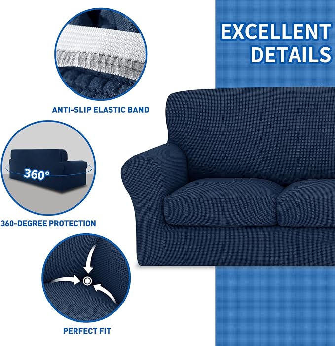MAXIJIN 4 Piece Couch Covers for 3 Cushion Couch Super Stretch Sofa Cover for Dogs Pet Proof Fitted Furniture Protector Spandex Jacquard Non Slip Magic Couch Slipcover Washable (Large, Navy Blue) - Image 5