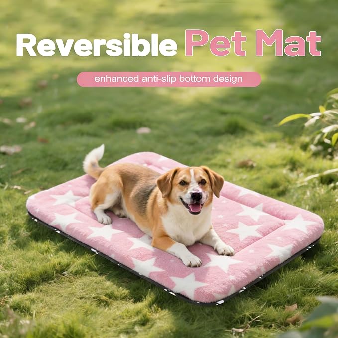 Dog Bed Mat, Reversible Crate Pad & Durable Dog Bed - Machine Washable Kennel Mat with Ultra Soft for Medium Dogs (Big&Small Stars Pink, 30" L*20" W*1.5" Th) - Image 2