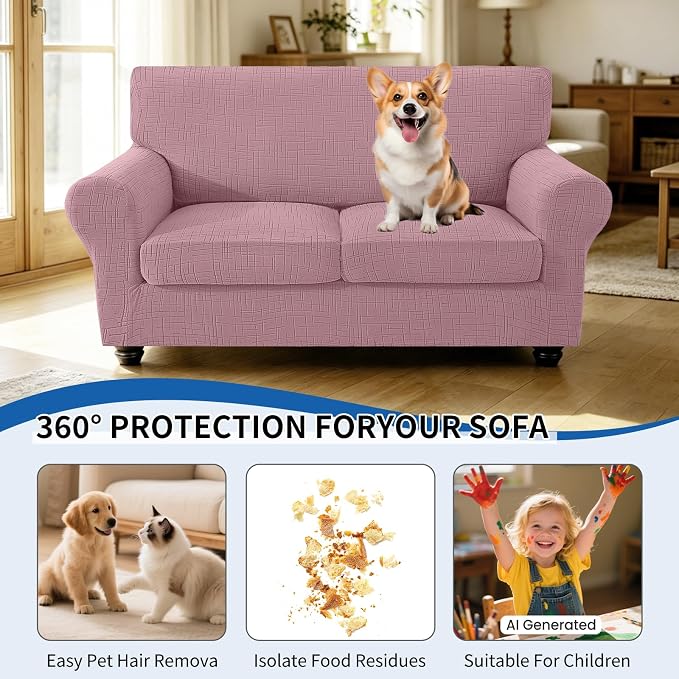 CYCMCAO 3 Piece Stretch Sofa Cover Couch Covers for 2 Cushion Couch, Non Slip Loveseat Covers, Sofa Covers Washable with Elastic Bottom for Kids, Dogs (Pink), 55"-69" (2 Cushion Loveseat) - Image 5