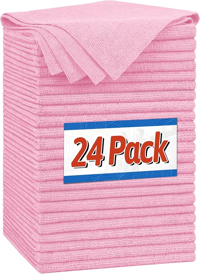 FIXSMITH Microfiber Cleaning Cloth, Shop Towels Bulk, 24 Pack Pink Microfiber Towels for Cars, All-Purpose Absorbent Cleaning Rags, Dust Cloth for Automotive, Mechanic, Garage, Bar, 12 x 11 inch by FIXSMITH