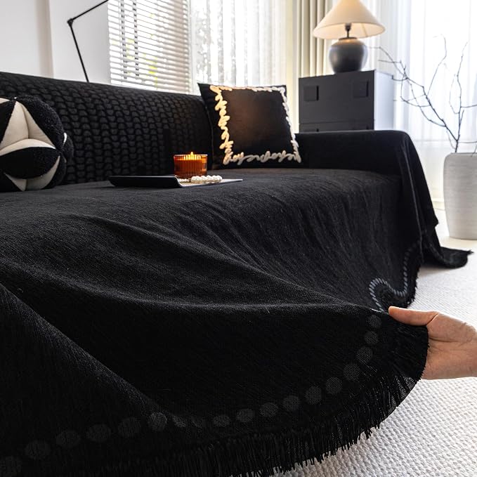 ROOMLIFE Black Sofa Cover, Vintage Boho Couch Cover for 3 Cushion Sofa, Non Slip Soft Chenille Sofa Slipcovers for Dog, Washable Furniture Sofa Protector Cover with Tassel for Living Room, 71''X118” - Image 9