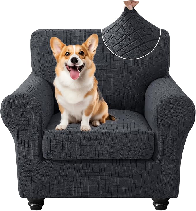 CYCMCAO Stretch 2 Piece Armchair Covers, Non Slip Chair Covers Armchair, Sofa Covers for Pets Washable with Elastic Bottom, Couch Slipcover for Kids, Dogs (Charcoal Gray), 31"-46" (1 Cushion) by CYCMACOHOME