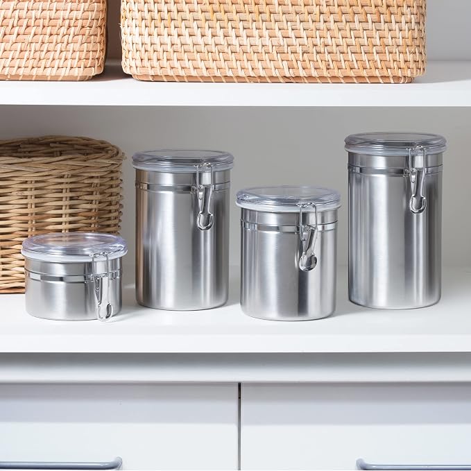 Oggi Set of 4 Stainless Steel Kitchen Canisters - Airtight Clamp Lid, Clear See-Thru Top - Ideal for Kitchen Storage, Food Storage, Pantry Storage - Includes 1 each: 26oz, 36oz, 47oz, 62oz. - Image 6