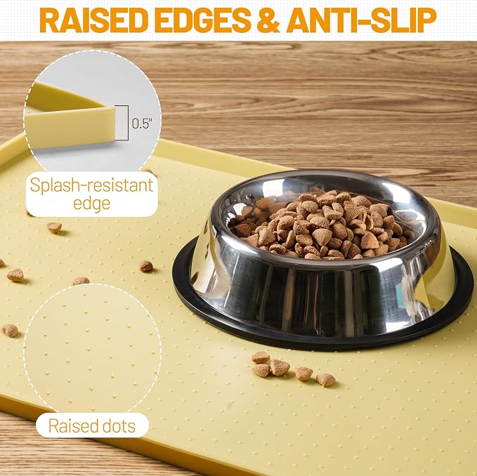 Hubulk Dog Feeding Mat,100% Waterproof Food Grade Silicone Pet Food and Water Bowl Placemat,Dishwasher, High Raised Edge to Prevent Spills,Nonslip Tray to Stop Messes on Floor (24"x16"x0.5", Yellow) - Image 3