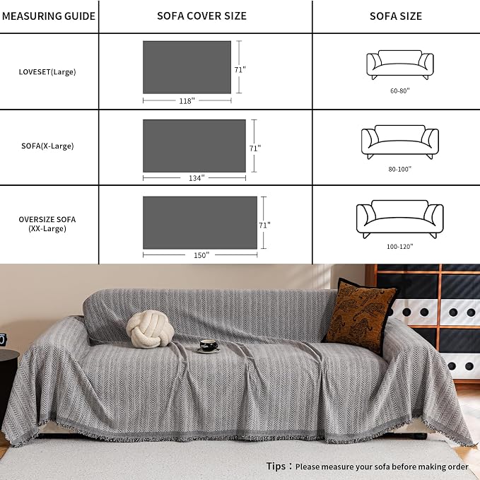 Dark Grey Sofa Covers Sectional Couch Cover Slipcovers Furniture Protector for Pets Kids, Chenille Strip Couch Throw Blankets Tassels Edge for 3 Cushion Couch, 71"x134" - Image 4