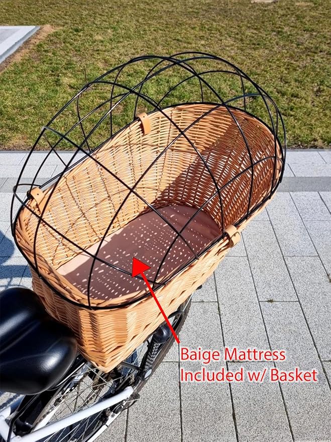 Natural Wicker Dog Bike Basket - 100% Organic Rattan Pet Carrier with Protective Grille - Eco Friendly Design - Soft Cotton Cushion & Mounting Bracket for Secure Bicycle Rear Luggage Rack