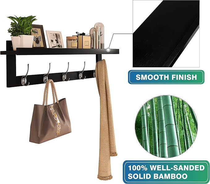 SMIBUY Coat Hooks with Shelf Wall-Mounted, 29.2 Inch Entryway Coat Rack for Wall, Bamboo Hanging Shelf with 5 Double Metal Hooks for Bathroom, Bedroom, Kitchen, Living Room, Mudroom (Black+Silver) - Image 5