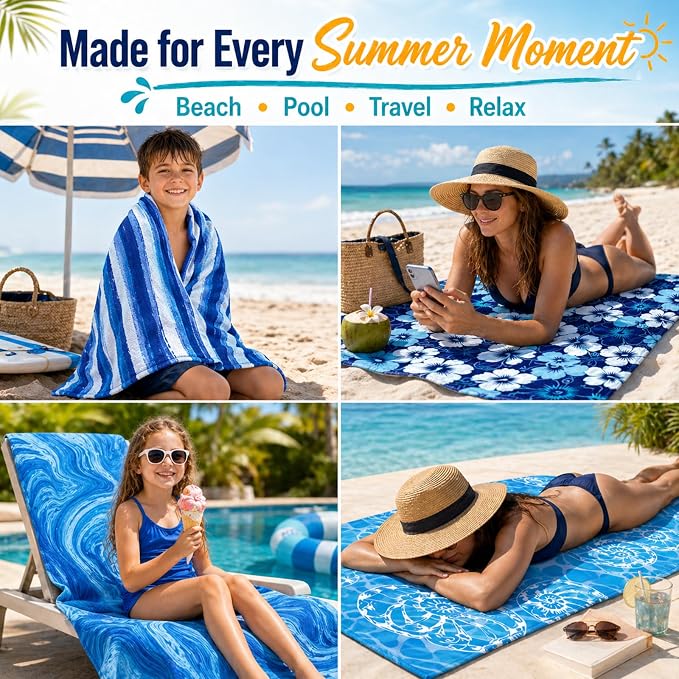 6 Pack Microfiber Beach Towel Set 32x71 Oversized Extra Large Swim Pool Towel Absorbent Bath Blanket Soft Fiber Beach Towels Set for Spa Travel Swim Pool Accessories Vacation Essential Gift(Blue) - Image 6