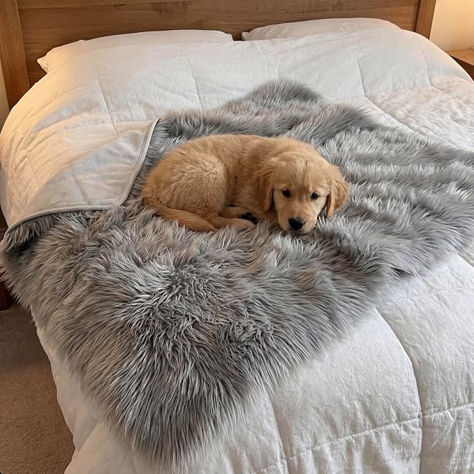 IHAPPYDOG Faux Fur Dog Blanket, Waterproof Couch Cover, Grey 40"x30" | Plush Sheepskin Style Pet Throw for Sofa, Bed, and Car, Washable Furniture Cover that Protects From Fur and Spills - Image 4