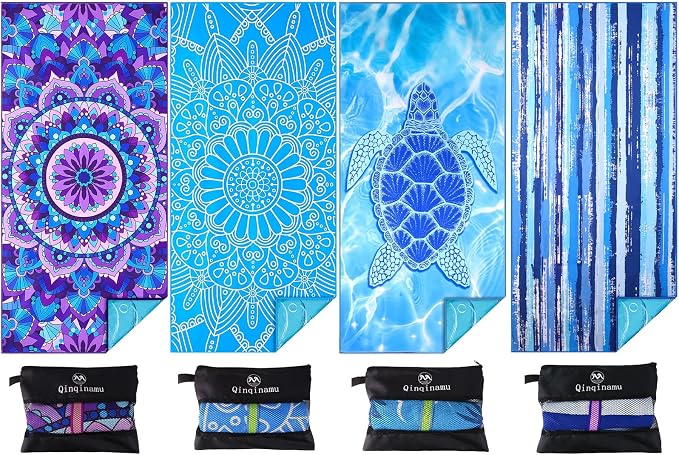 4 Pack Microfiber Oversized Lightweight Beach Towel 71"x32" XL Extra Large Thin Sand Free Towels Travel Swim Pool Yoga Gym Camping for Adults Women Men Beach Essentials Accessories Vacation Gift by Qinqinamu