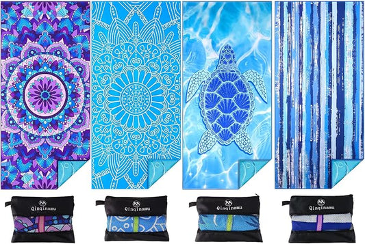 4 Pack Microfiber Oversized Lightweight Beach Towel 71"x32" XL Extra Large Thin Sand Free Towels Travel Swim Pool Yoga Gym Camping for Adults Women Men Beach Essentials Accessories Vacation Gift by Qinqinamu