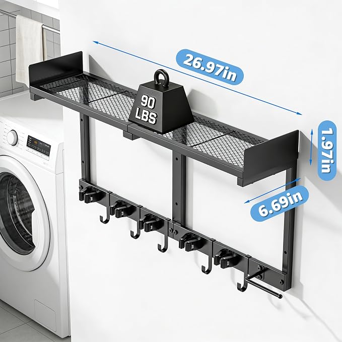 27" Mop and Broom Holder Wall Mount with Top Storage Shelf & Hooks,Black | Mop Hanger Wall Mount, 5 Grippers, 5 Hooks, Wall Organizer For Laundry Room, Garage And Kitchen - Image 4