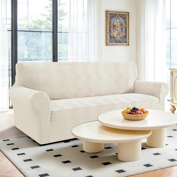 Stretch Sofa Cover Non-Slip Washable Furniture Protector | Stretch, 71"-91".Soft, Non Skid Foam, Elastic Bottom, Machine Washable, for Kids & Pets, Couch & Sofa, Beige White - Image 2