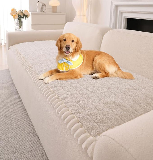 OTOB Sofa Covers for 3 Cushion Couch Washable, All Seasons Fuzzy Non Slip Kids & Pet Friendly Dog Bed Mats Couch Cover, Soft Plush Sofa Slipcovers Furniture Protector (Beige, 27.6" x 70.9'') by OTOB