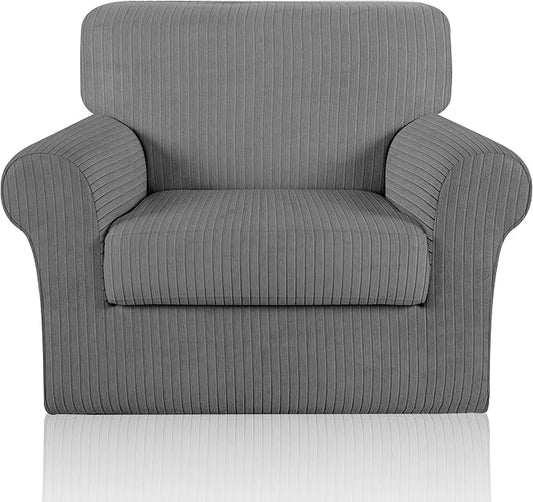 Armchair Cover Stretching Skid Resistance Couch Cover for Pets Washable, Thick and Durable Soft High Spandex Striped Pattern Sofa Covers, Form Fitted Chair Slipcover(Armchair, Light Gray) by ChengEase