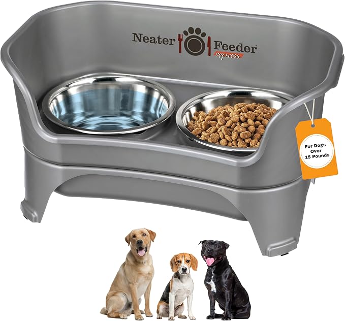 Neater Feeder Express Mess Proof Dog Bowls Elevated for Medium to Large Sized Breed, No Spill Raised Dog Food Bowl Stand, Stainless Steel Food and Water Bowl Set, Pet Dish Feeding Station, Grey by NeaterPets