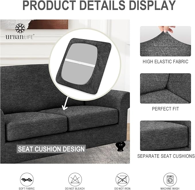 URBANLIFE 3-Piece Stretch Sofa Covers for 2 Cushion Couch, Charcoal Gray | Super fitted spandex slipcovers for couches. Non-slip elastic bottom. Machine washable furniture protector for kids & pets. - Image 7