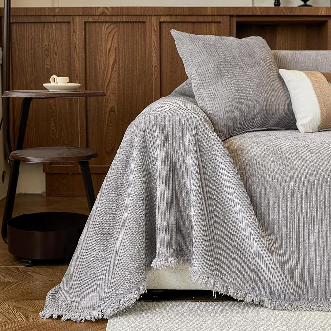 Gray Boho Couch Covers for Sofa Washable for 2 Cushion Couch,71''X118'' | Chenille Furniture Protector Sofa Couch Cover for Dogs, Soft Breathable Sofa Slipcover, Couch Throw Blankets with Tassels - Image 4
