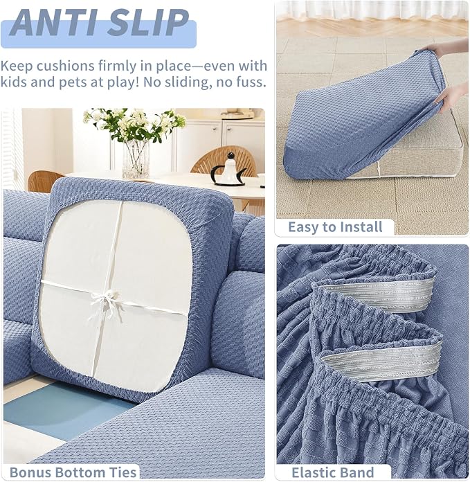 YEMYHOM Couch Cushion Covers for Sofa, Stretch Sectional Couch Seat Cushion Covers Washable Thick Furniture Protector Sofa Slipcovers for Pets (2 Seater + 1 Chaise, Light Blue) - Image 5