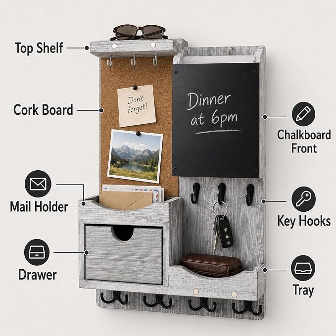 Key Holder Wall Mount， Mail Organizer Key Holder for Wall with Shelf, Drawer, Chalkboard, Corkboard, Home Decor Wall Mounted for Room Entryway(Grey) - Image 5