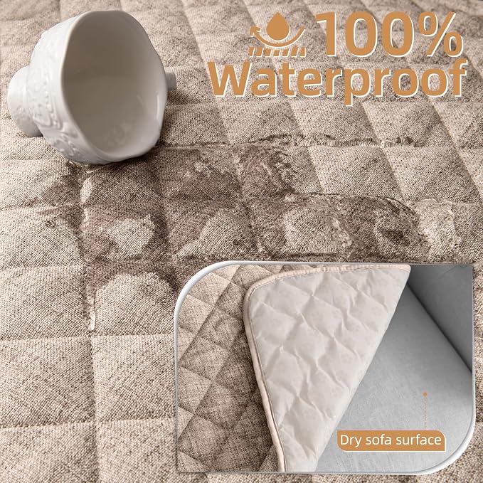 Dog Couch Cover for Sofa 100% Waterproof Faux Linen Sofa Covers for 3 Cushion Couch Washable Pet Friendly Sofa Slipcovers Non Slip Quilted Furniture Seat Protector (27.6x83 in, Khaki) - Image 2